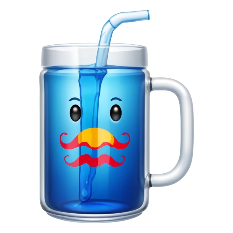 A large clear glass mug with a bright blue liquid inside.  Make the mug thicker and white/clear, not blue. beer stein. Handle is not blue. The walls of the mug are very thick and white. Only one handle. No actual beer. Can of redbull sticking out of too sticker