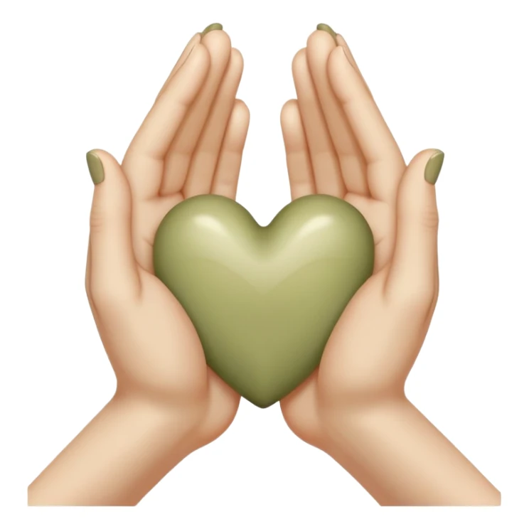 Hands joined in prayer with a pale olive heart sticker