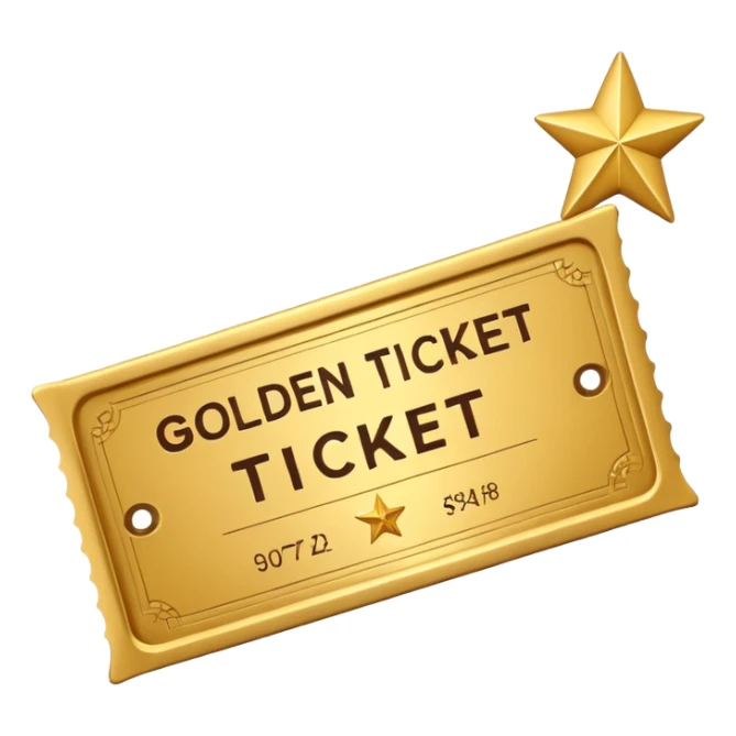 A cute 3D Stylized icon of Golden Ticket with a Star sticker