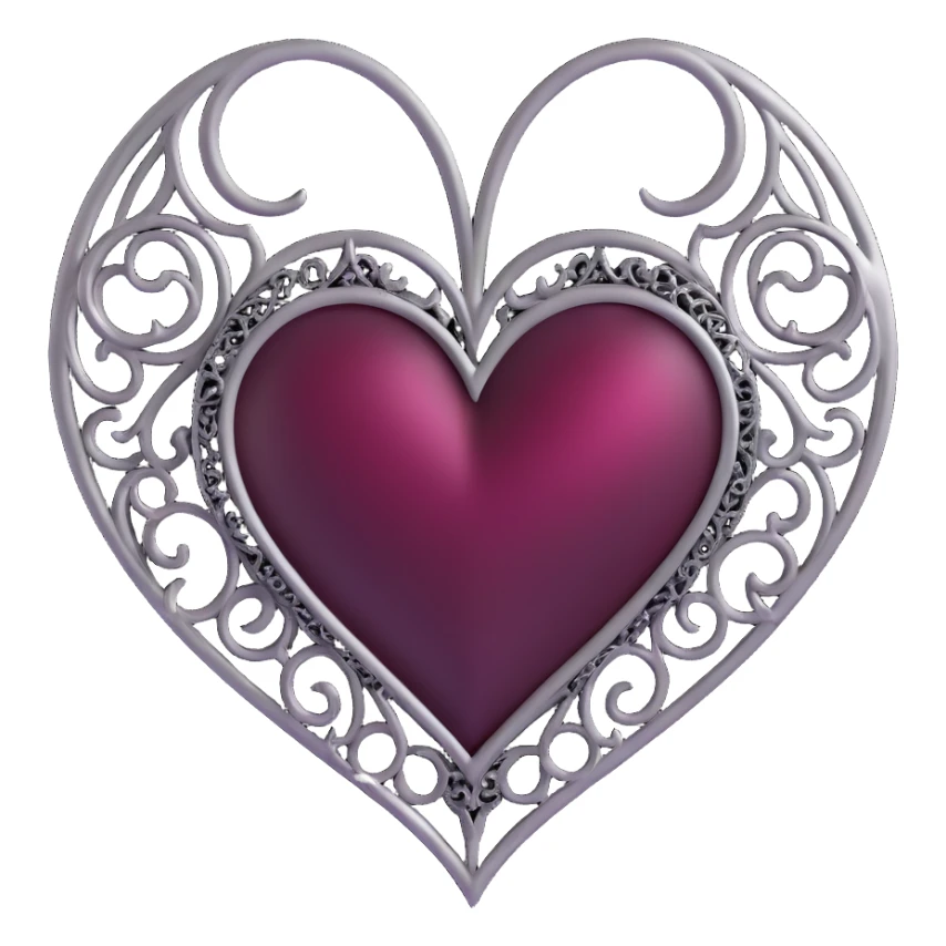 gothic heart, black satin, silver filigree, dark ruby center, ornate and dramatic sticker