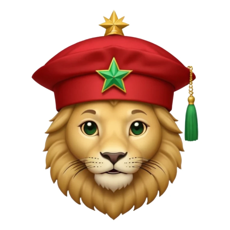 Cute lion emoji face wearing a Red Moroccan fez hat with a flat top, straight sides, a green five-pointed star on the front, and a thin black tassel hanging from the right side. sticker