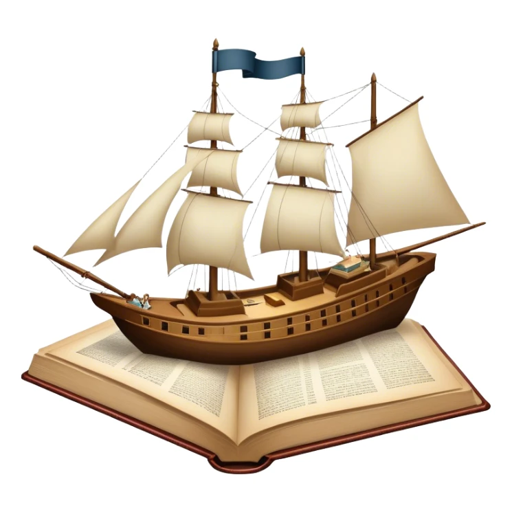 Icon for Reading Fiction: a large open book with pages turning, Musketeers on horseback, Sherlock Holmes and other literary elements, a sailboat sailing across the pages. The icon should evoke the adventurous spirit of storytelling. Transparent background. sticker