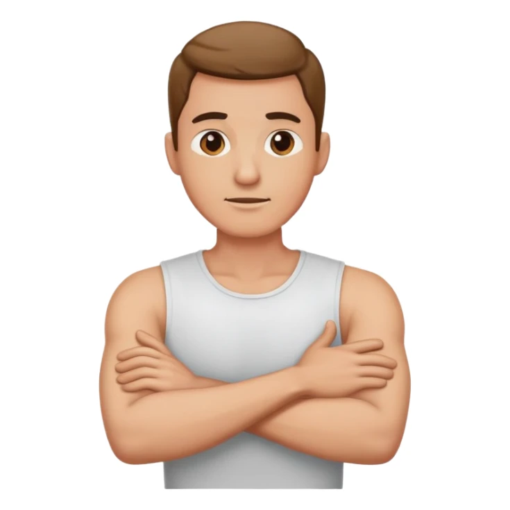 Man with arms crossed holding his neck sticker