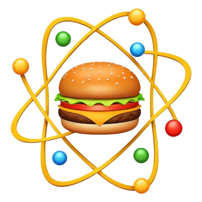 burger as the nucleus of an atom with electrons orbiting around it sticker