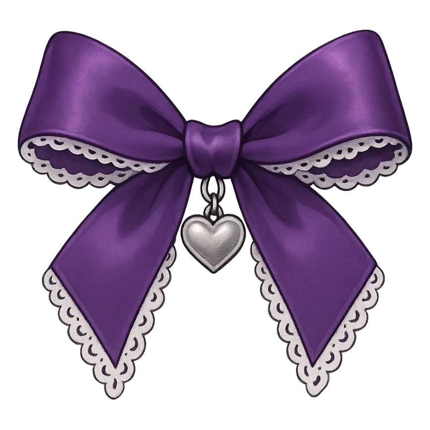 Purple gothic bow with white lace trim and heart charm, remove background sticker