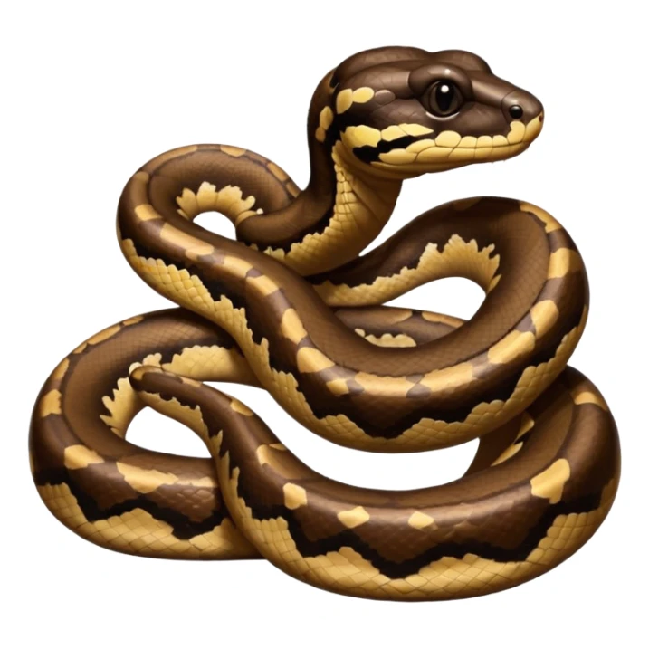 A photo-realistic digital illustration of a Ball Python, chest upward, with a short, rounded head, thick body, and a calm, curious expression. It has a warm brown base color with irregular dark blotches shaped like “alien heads,” and matte-textured scales that emphasize its small, stocky form. sticker
