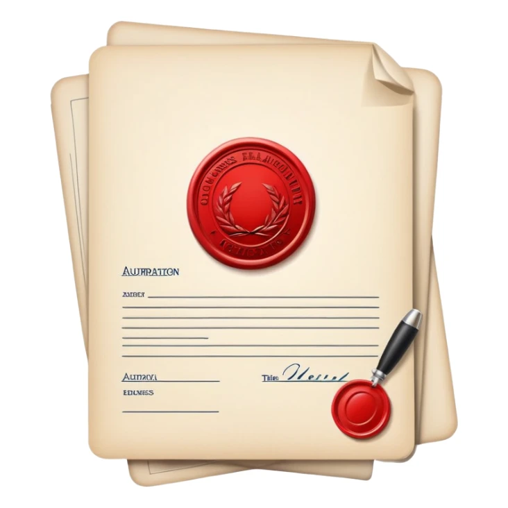 Document icon with official stamp or seal, symbolizing business registration and authorization sticker