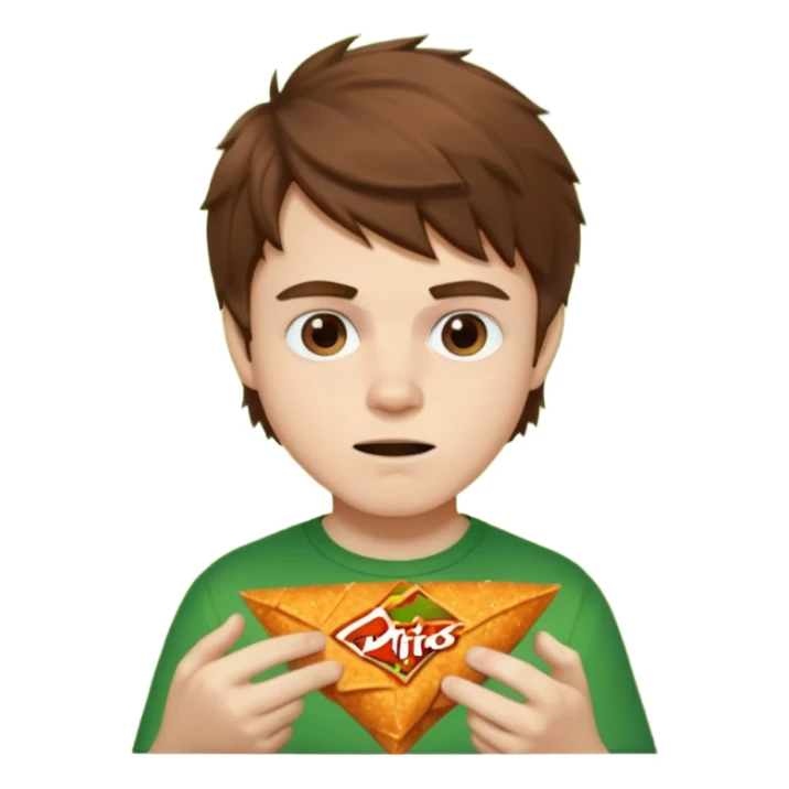 A white boy with messy brown hair eating Doritos while gaming on a green ipad sticker