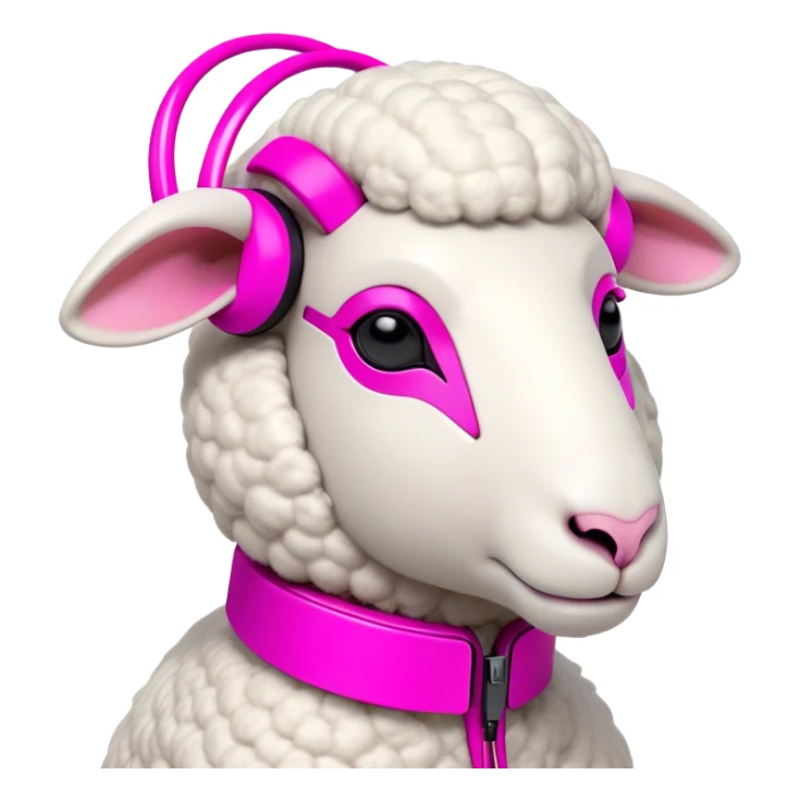 Sheep character with minimalist features and a distinctive high-tech earpiece that wraps around one ear. The earpiece should be sleek, futuristic and glowing in vibrant pink that contrasts with the sheep's clean white body. The sheep has a trendy asymmetrical wool haircut with one side featuring an undercut style. The sheep wears fashion-forward, colored clothing - perhaps a color-blocked jacket in bold hues or a stylish oversized sweater in a trendy shade. Simple, bold shapes with minimal details but with a confident, slightly smirking expression that gives off a true trendsetter vibe - like this sheep is always ahead of the curve and knows it. sticker