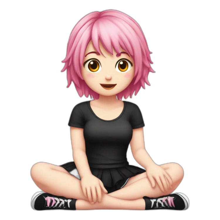 Full body Front view curvy emo girl pink hair sits on the floor straight view hands up black skirt белые трусики полосатые рваные чулки sticker