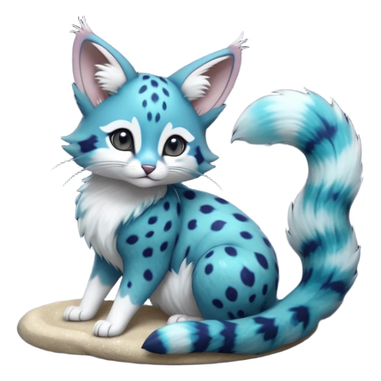 Hyper realistic  galaxy-swirl indigo-teal fur scattered with star-salt sparkle grains beautiful elegant pretty precious cute  Fakémon-Pokémon-opossum-feline-serval-caracal-chinchilla-Furret-Minccino-hybrid-creature with a big fluffy bushy tail (full body) sticker