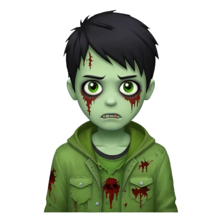 boy zombie with black hair, emo style, green skin, tattered clothes sticker