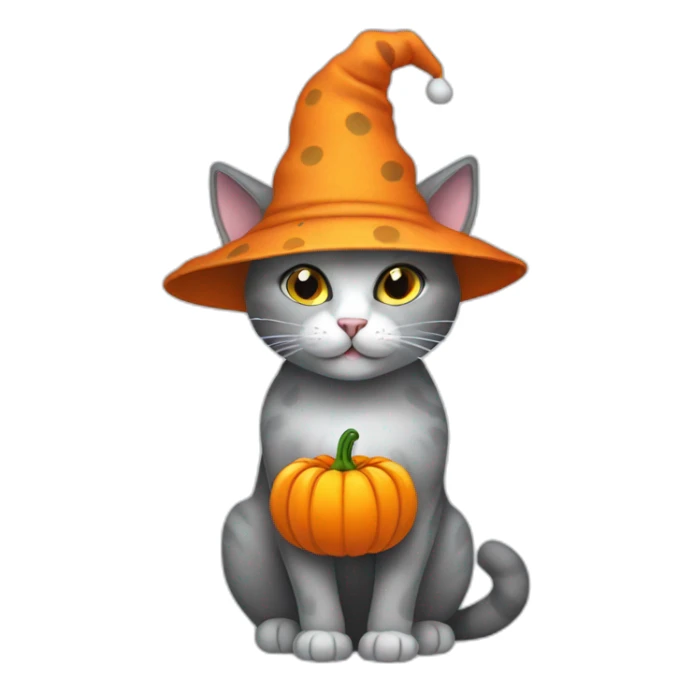 Grey cat with white spots wearing a pumpkin hat sticker