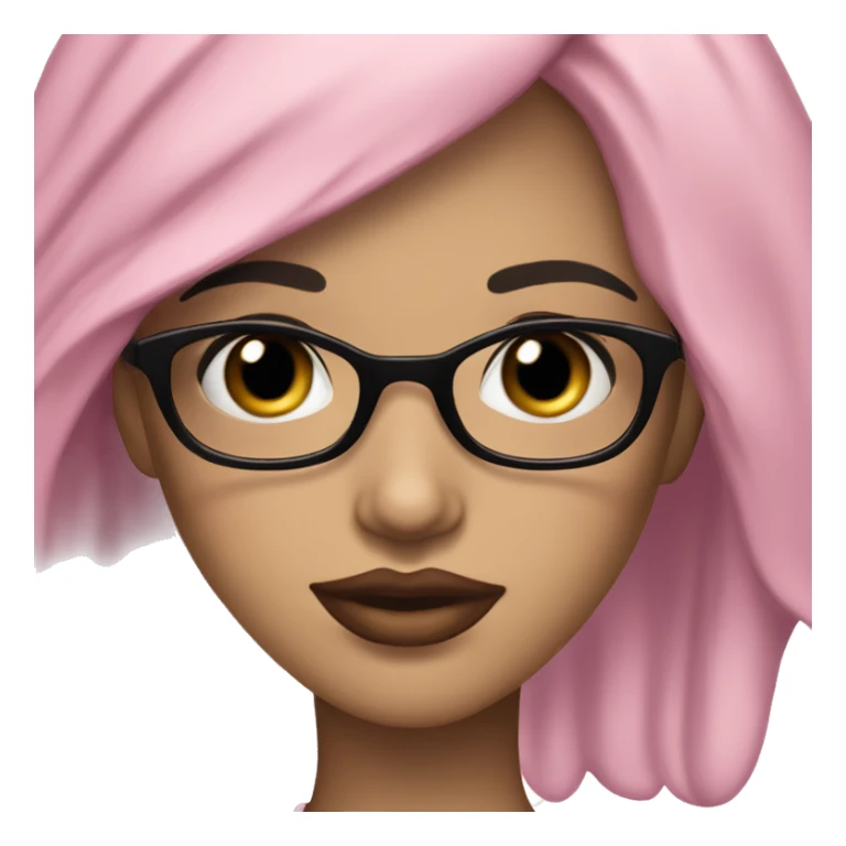 girl short black wavy hair, small nose, slanted eyes, thin eyebrows, thin round black glasses, pink pompous lips sticker