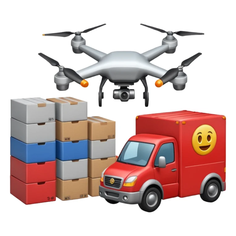 create a realistic emoji showing logistics in different ways. Maybe a car, a storage room, a place where everything is stored, drones and so on sticker
