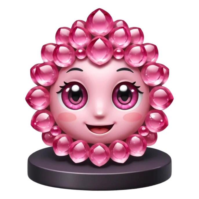 A single cute pink crystal cluster character, chunky round base with many tall rose-pink crystal quartz cluster imperfect, on the front of the base a kawaii face with big shiny eyes and a happy open smile very shiny sticker