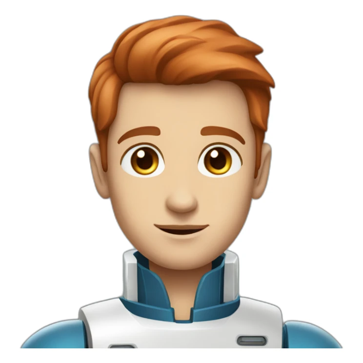 space robot man blue eyes slick coppery hair clean shaven sticker
