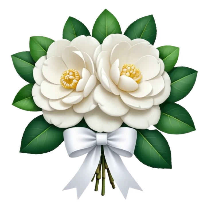 A bouquet of pure white camellias，with elegant white ribbon sticker