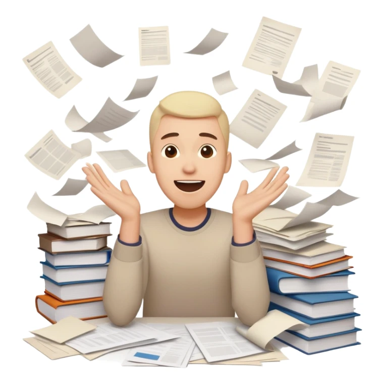 A person with a happy excited face but also looking stressed and overwhelmed, papers flying everywhere, surrounded by work items, half celebrating success and half panicking about deadlines sticker