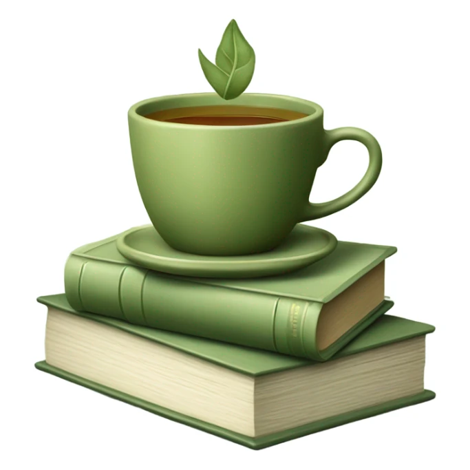Sage green and olive green stack of books with a cup of tea on top sticker