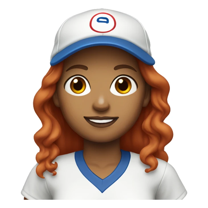 front facing standing up female coach with long red hair, wearing a white t-shirt and a simple baseball blue hat sticker