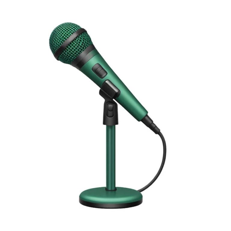 dark green microphone on stand, minimalism, iOS emoji style, no smileys or faces, white background sticker