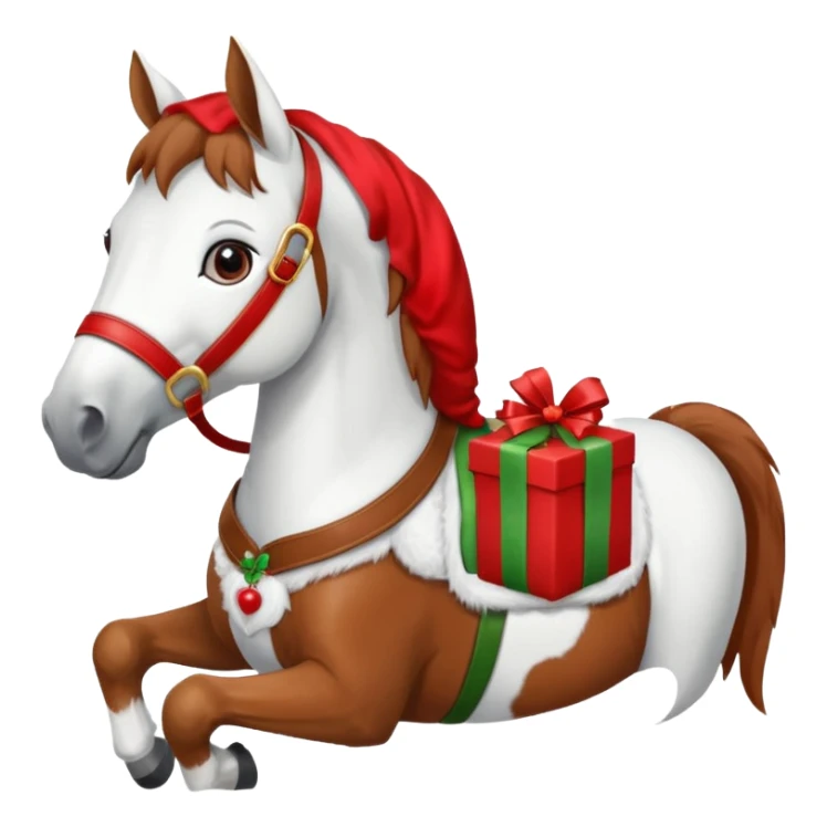 a christmas horse with a red saddle, which has a red gift box with a white bow on the saddle sticker
