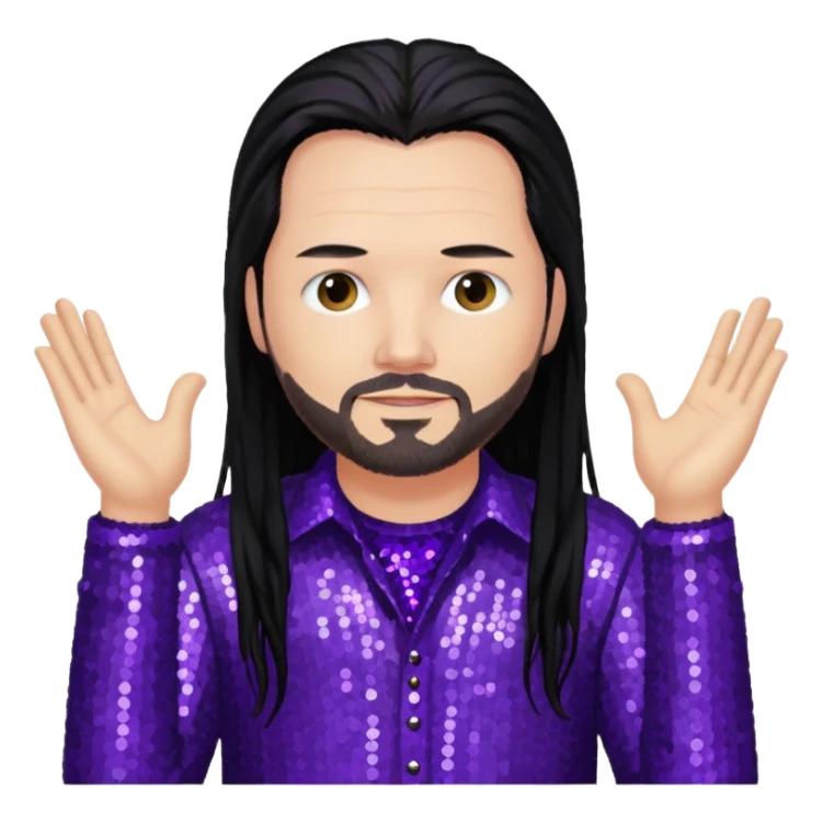 Jonathan Davis with long black hair, purple sequin shirt sticker