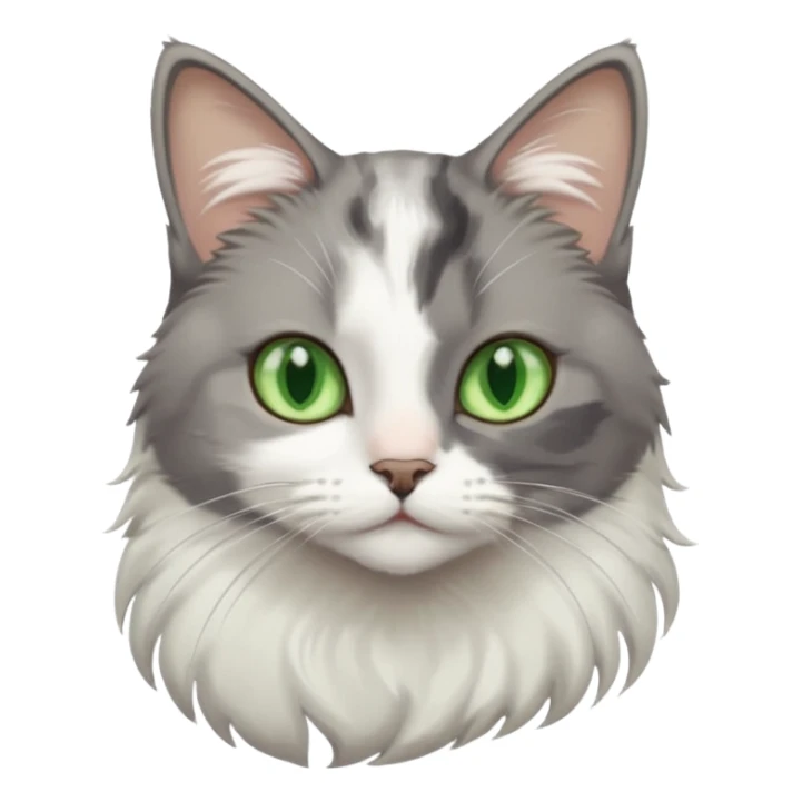 beautiful female grey cat with green eyes, white paws and white chest sticker