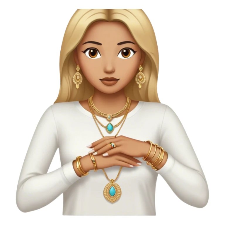 The woman, partially visible, wears a white long-sleeve top. Her accessories steal the spotlight—intricately designed gold bangles, statement rings, and layered necklaces—each piece exuding heritage and craftsmanship.  sticker