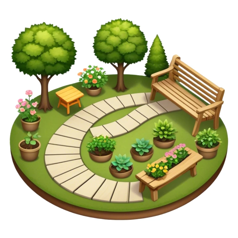 Icon for Landscape Design: a garden layout with trees, plants, pathways, and outdoor furniture, along with design tools like a ruler, pencil and sketchpad. The icon should represent the creativity and planning behind landscape design. Transparent background. sticker