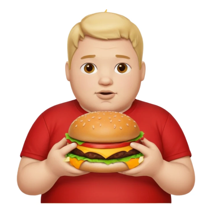 fat boy eating burger wearing red T-shirt sticker