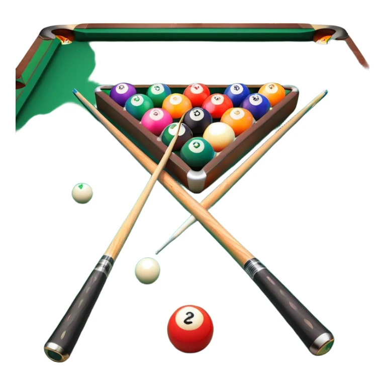 Two crossed pool cues resting on a billiard table, with colorful billiard balls scattered across the surface. The background features the felt of the table, creating an inviting atmosphere for a game of precision and strategy sticker