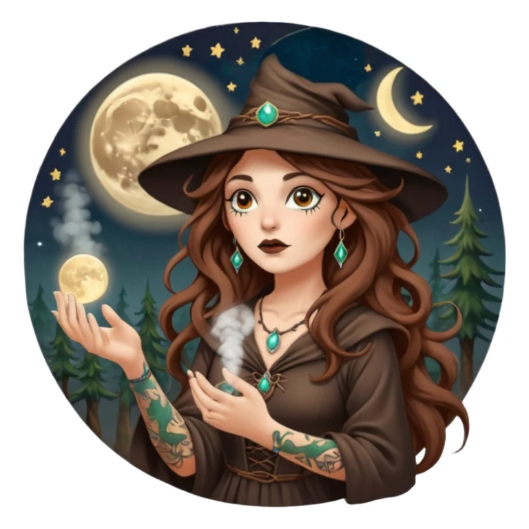 forest witch woman long wavy brown hair tattoos blowing moon dust sticker