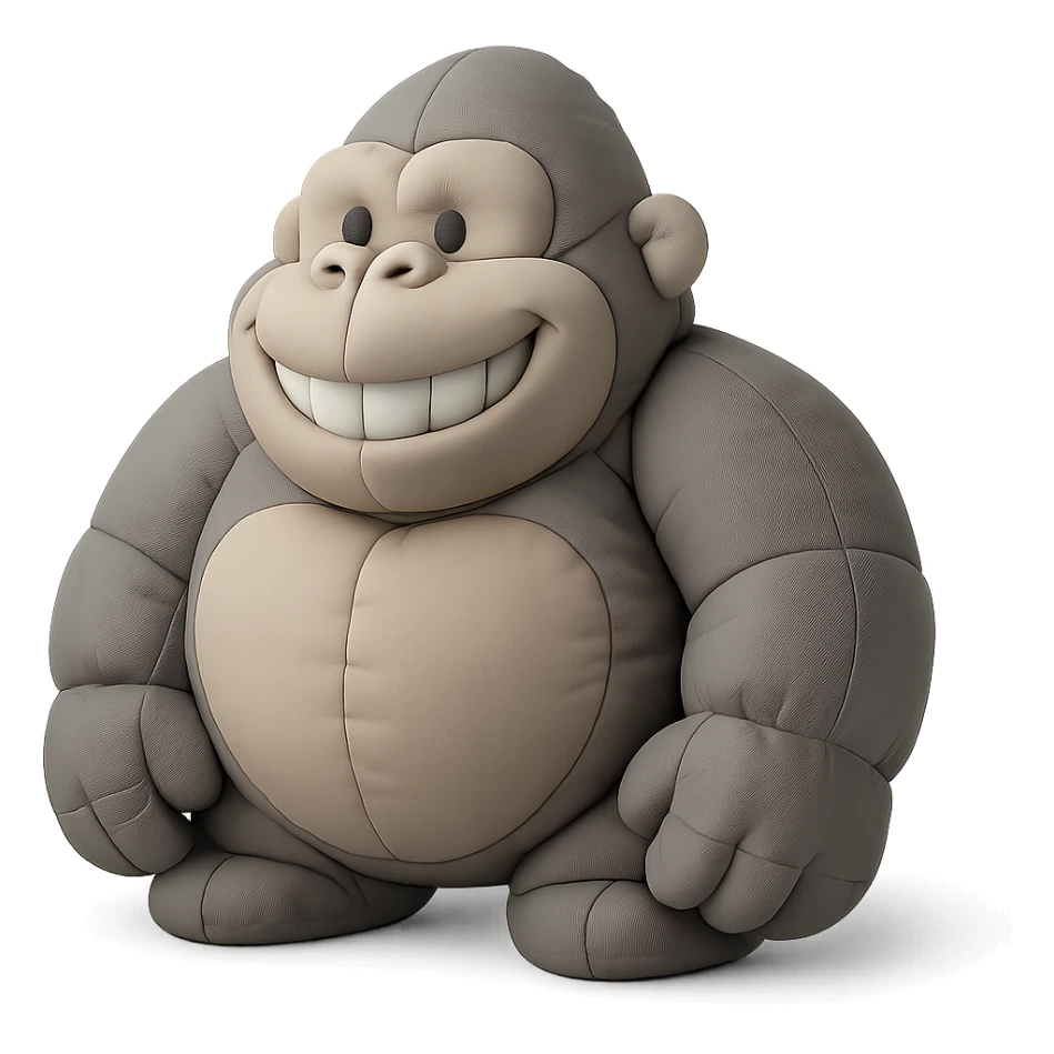 cartoon gorilla, wide smile with visible teeth, soft cushion style, no background sticker