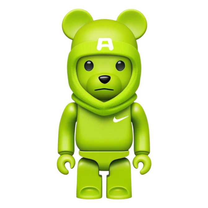 classic bearbrick toy with squared head, wearing a bright lime balaclava with Nike swoosh logo on it, pronounced eyebrows, blocky bear design sticker
