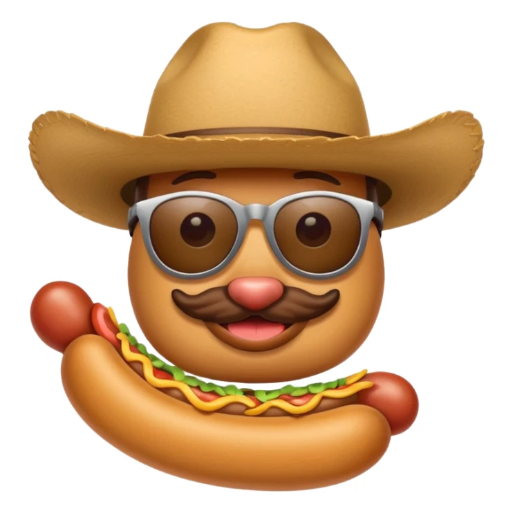 A hotdog with sunglasses and a cowboy hat sticker