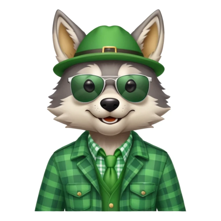 friendly anthropomorphised wolf in green plaid shirt and green attire for St. Patrick's Day, wearing dark sunglasses, festive pose sticker