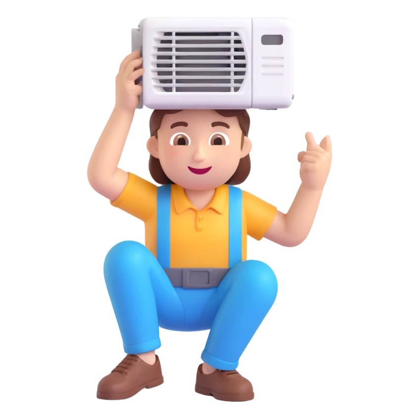 air conditioning technician fixing AC unit, cheerful expression, 3D emoji style sticker