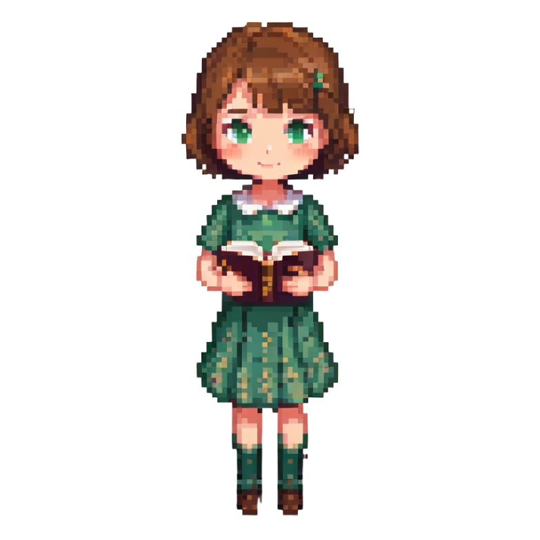 chibi-style pixel art girl, short brown hair, big sparkling eyes, small friendly smile, wearing green dress, holding book, standing facing forward, bright colorful, softly shaded sticker