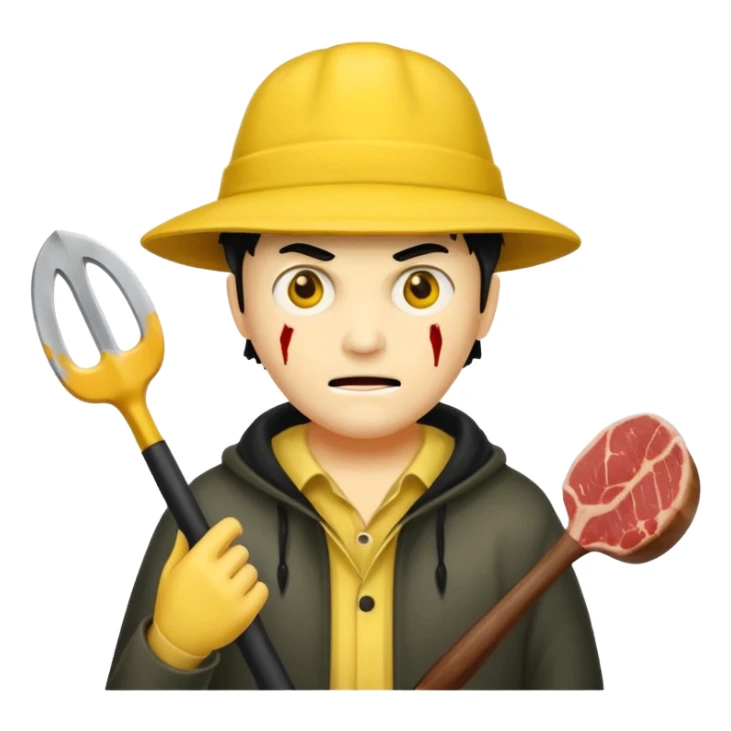 scary evil man look like from friday 13th with the yellow hat and meat khife sticker