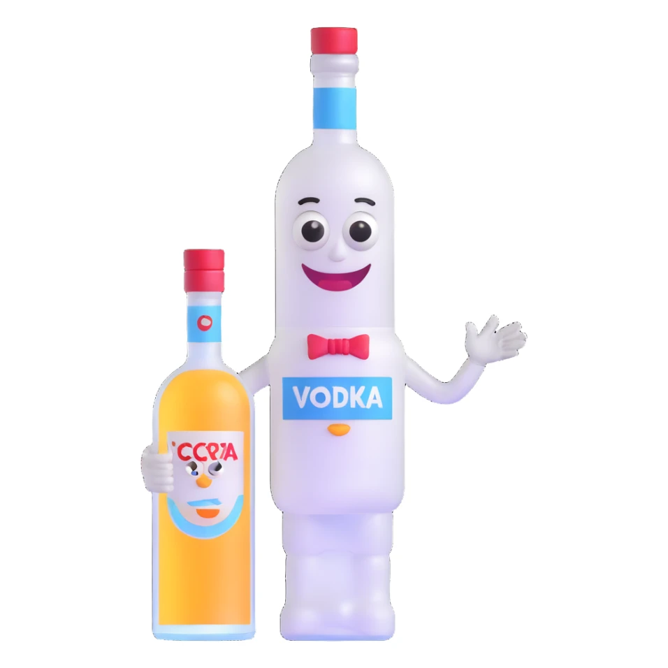 3D vodka bottle character with eyes, smile, arms and legs sticker