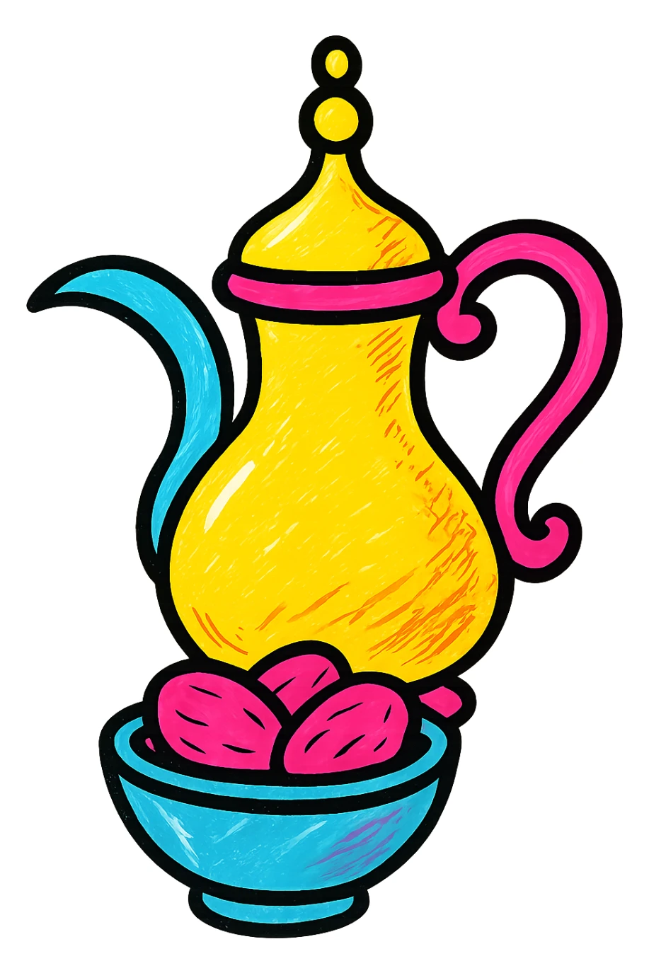 traditional Arabic coffee pot and dates, stylized, colorful sticker