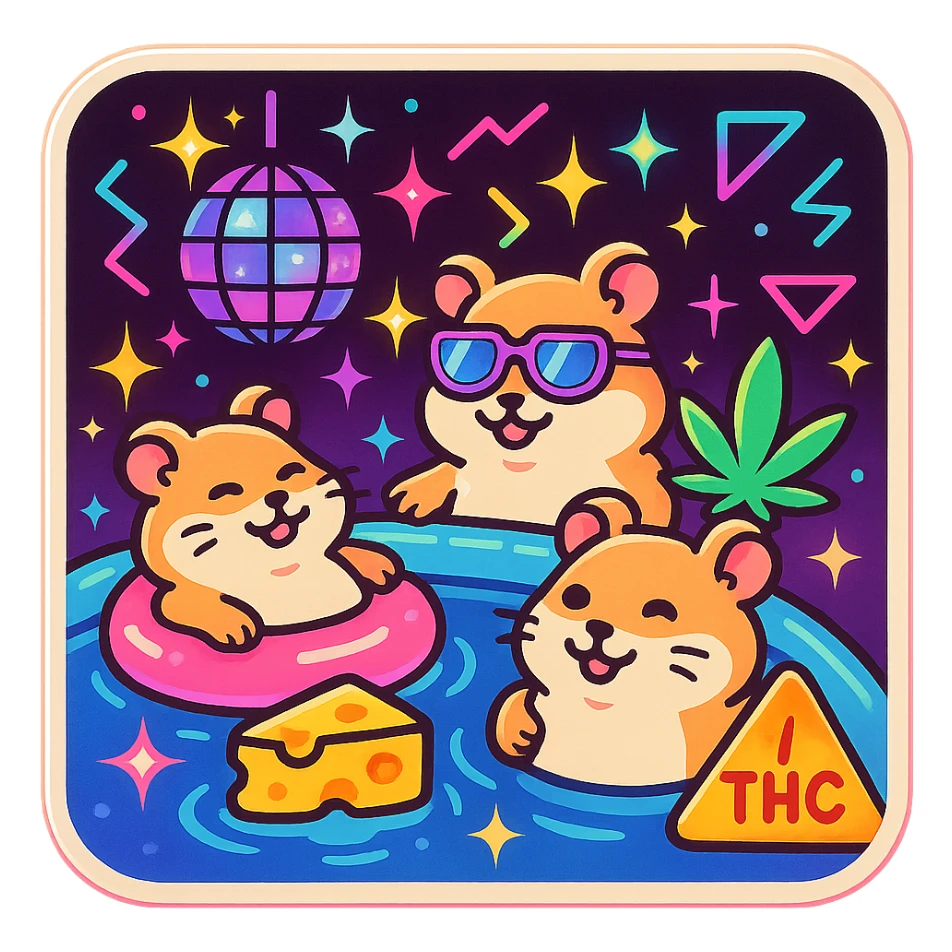 square Discord server icon, retro 80s/90s nostalgia style, hamsters at a pool party with weed leaves, cheese, THC details, disco ball, neon colors, geometric shapes, bold outlines, sparkles, centered clear fun composition sticker