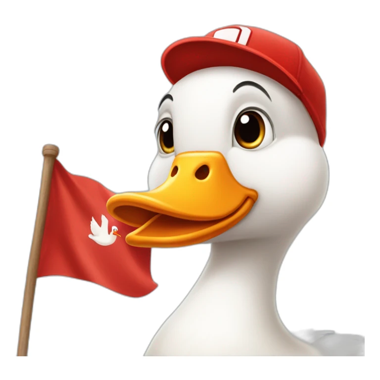 White goose wearing a red baseball cap and,bow tie on neck, holding big red flag sticker