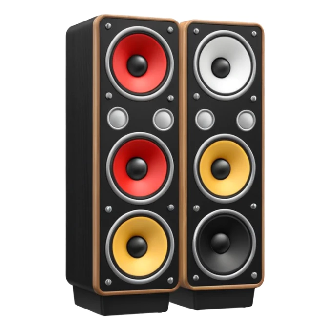 3D render of Speaker Stack, vintage 1980s audio equipment aesthetic, tactile analog buttons, matte black cabinet with a large white cone center, mixed wood grain and brushed aluminum textures, Apple emoji style, isolated on white background --v 6.0 sticker