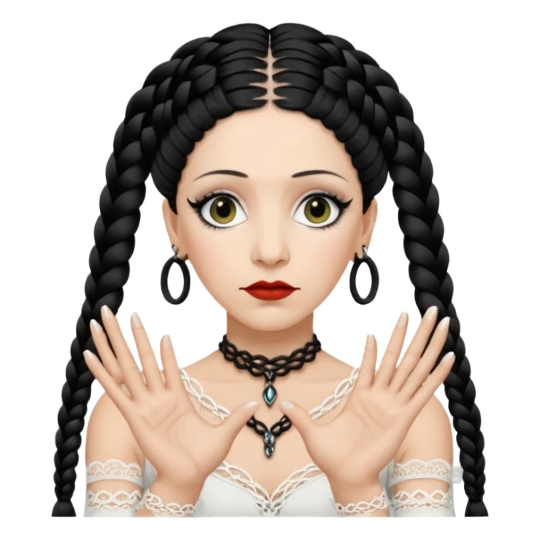 Lene Lovich as seen on the Stateless album cover with a typical symmetrical pose with her hands, lots of lace and braided hair sticker