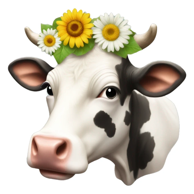 A cow with pretty flowers on head and a CD sticker