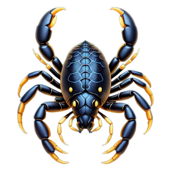 Cinematic Cute Emperor Scorpion Portrait Emoji, Head tilted playfully and inquisitively, with a compact, rugged build and a sleek, dark exoskeleton highlighted by delicate, intricate patterns and round, sparkling eyes full of curious defiance, Simplified yet irresistibly adorable features, highly detailed, glowing with a warm, friendly glow, high shine, affectionate and quirky, stylized with a touch of desert whimsy, soft glowing outline, capturing the essence of a mischievous yet endearing scorpion that feels like it could pinch its way out of the screen into your arms! sticker