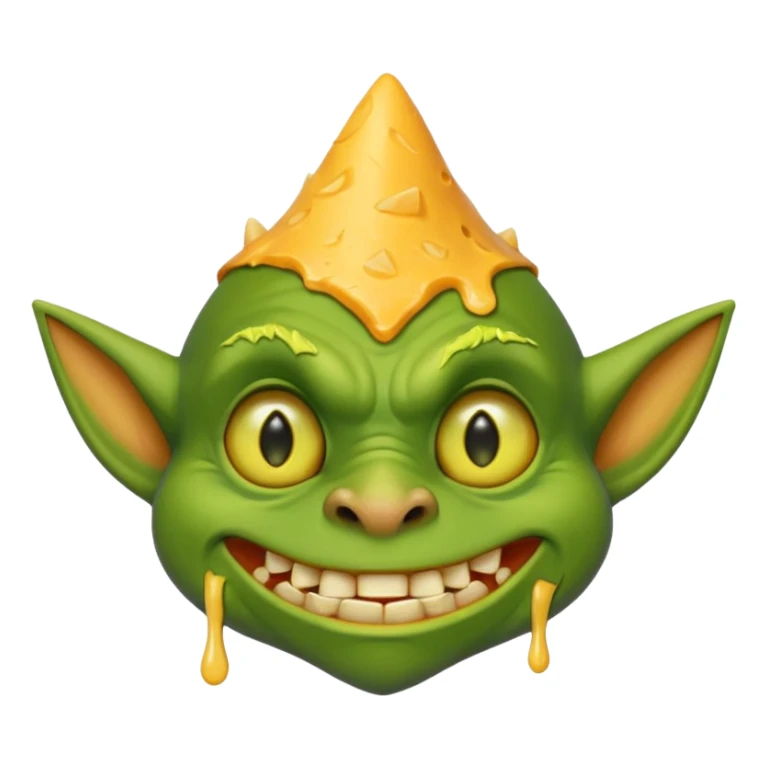cheddar goblin, green skin, green ears, underbite, cheese dripping, yellow eyes, narrow pointy nose sticker